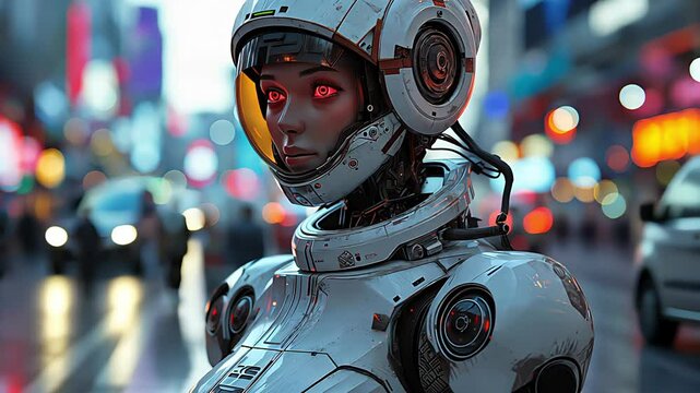 A robot walks down a wet street. Created with Generative AI.
