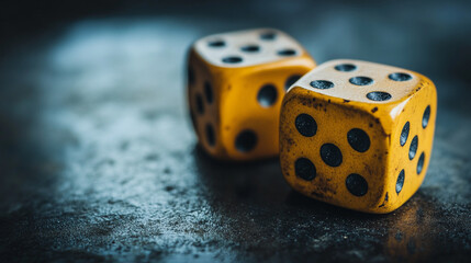 Two vintage yellow dice resting on a textured dark surface illuminated by soft light