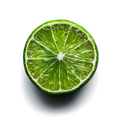 A close-up of a perfectly sliced lime, revealing its juicy, green flesh and seeds. The lime is isolated against a white background.