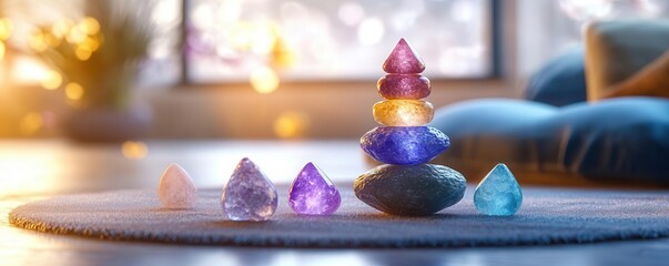 Chakra alignment session with healing crystals and soft lighting, 3D illustration