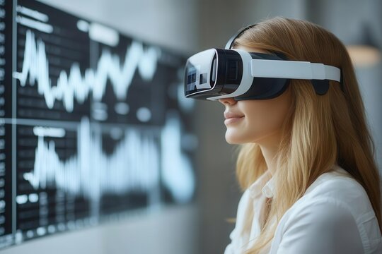 Businesswoman using VR headset to analyze virtual business data charts, futuristic financial technology concept