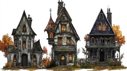 Fototapeta premium Three spooky Halloween houses with autumn foliage.