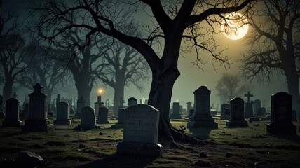 A spooky graveyard with a full moon in the sky and a single lantern in the distance.