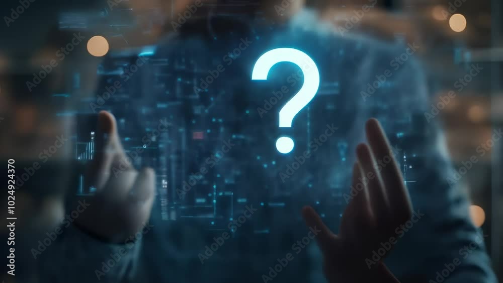 Poster Businessman interacting with a holographic question mark and data, symbolizing problem solving, innovation and technological advancement