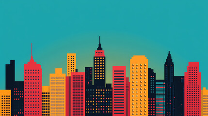 Obraz premium A vibrant silhouette of a city skyline at sunset, showcasing colorful skyscrapers against a turquoise sky, symbolizing urban life and energy.