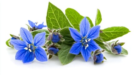 Fototapeta premium A close-up of fresh borage flowers with their vibrant blue petals, isolated on a white background