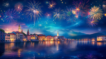 Fototapeta premium Vibrant fireworks display lights up the sky over a picturesque coastal town at night, reflecting beautifully on the calm waters