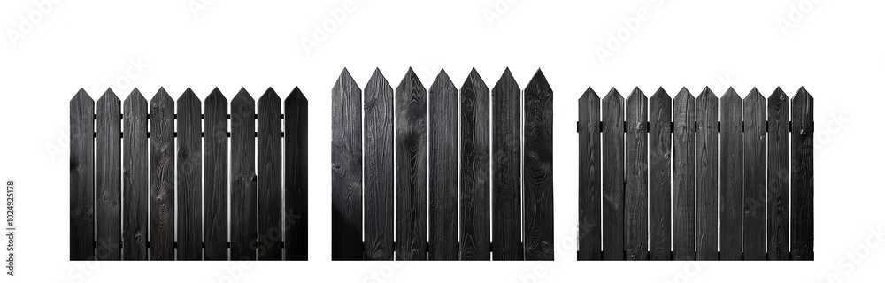 Poster Black wooden fence with pointed tops.  The fence has multiple sections, some with open gates.