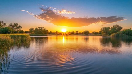Fototapeta premium A serene sunrise over a calm lake, with soft ripples in the water and warm colors in the sky.