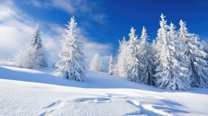 Snowy Landscape with Frosted Trees Under Blue Sky