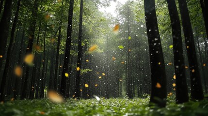 Sunlight Through Trees in Rainy Forest Scene