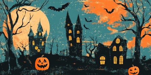 A spooky Halloween night with a full moon, a haunted castle, and jack-o-lantern pumpkins.