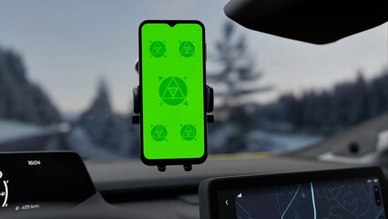 A phone with a green mockup screen is mounted on a car's dashboard, during a snowy evening drive...