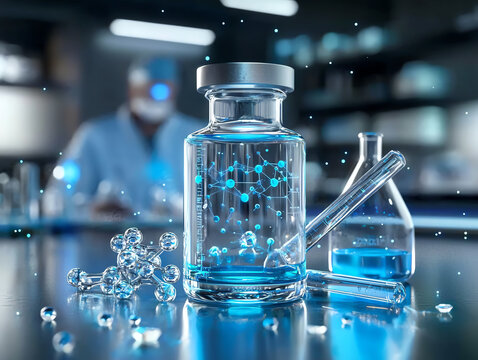 Laboratory glassware with blue liquid, sparkling bubbles, isolated on white background.