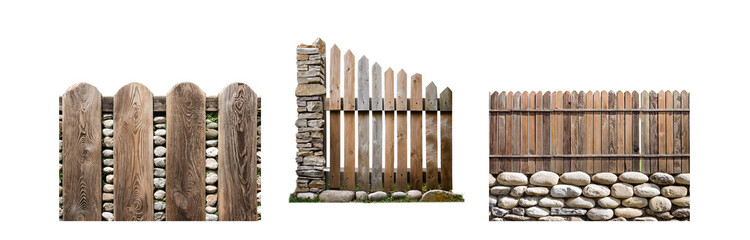 Obraz premium Three different wooden fences with rounded tops, one section includes a stone wall.
