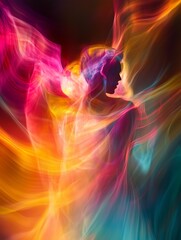 A vibrant silhouette enveloped in colorful swirls of light creating an ethereal and dreamlike atmosphere in a mystical space