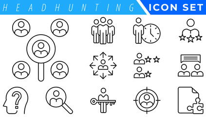 Headhunting And Human Resources minimal thin editable stroke icon set. Included the line icons as Recruitment, Career Goals, Resume or CV, and more.