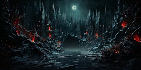 Fototapeta premium A dark, desolate landscape with a large, glowing moon in the background