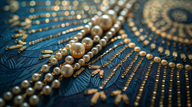 A flyer displaying a close-up of a beaded 1920s flapper dress motif, with shimmering fringe and delicate pearls set against a rich navy and gold art deco background.