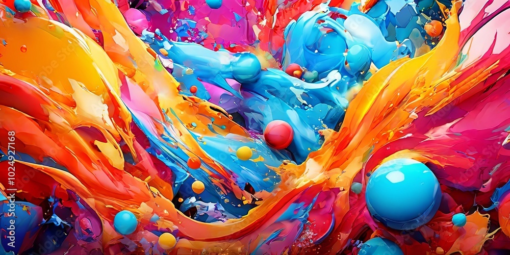 Aufkleber a colorful painting with many different colored balls and splatters of paint