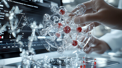 Scientific research with molecular model and digital data display.