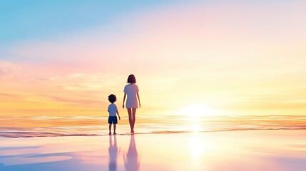 Mother and child enjoy a serene sunset walk on the beach, creating lasting memories, AI