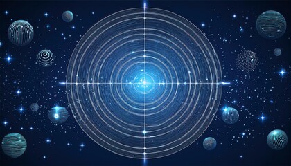 Abstract image of a Target in the form of a starry sky or space, consisting of points, lines, and shapes in the form of planets, stars and the universe.