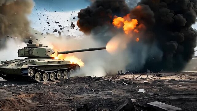  Military Tank Firing in Battlefield Explosion