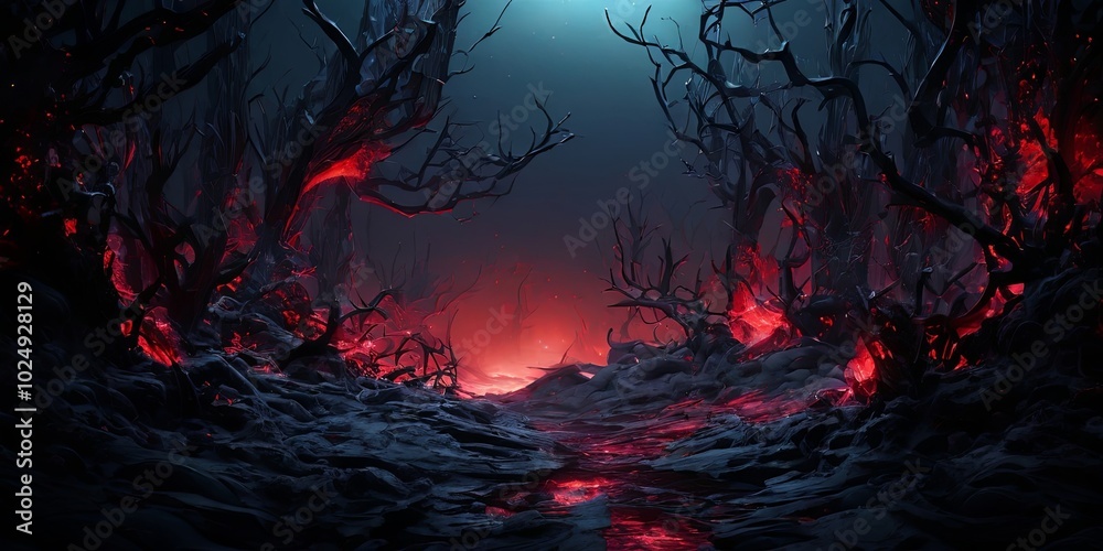 Poster a dark forest with red glowing trees