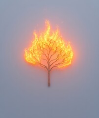 Burning tree silhouette against a cloudy sky
