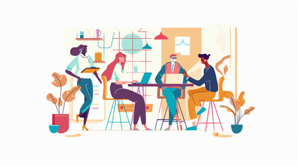 Creative professionals collaborate in modern workspace, showcasing teamwork and innovation. vibrant colors and diverse characters highlight dynamic environment