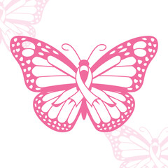 Pink Butterfly Sticker-Style Vector with Wings Forming a Breast Cancer Awareness Ribbon, Ideal for Advocacy and Support Designs