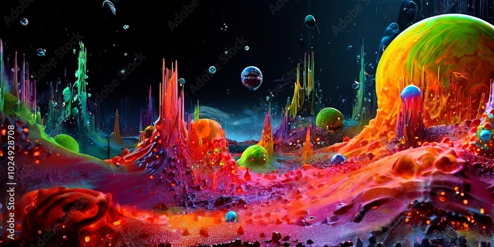 Poster A colorful space scene with many planets and a large, glowing yellow object