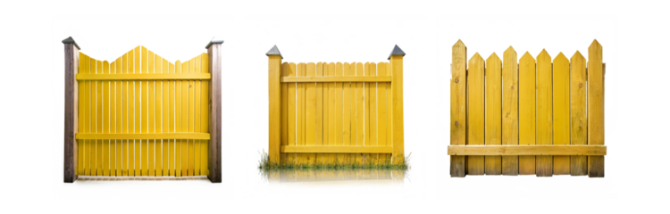 Three yellow wooden fences with a white background, two are tall and the third is shorter, all have triangular tops