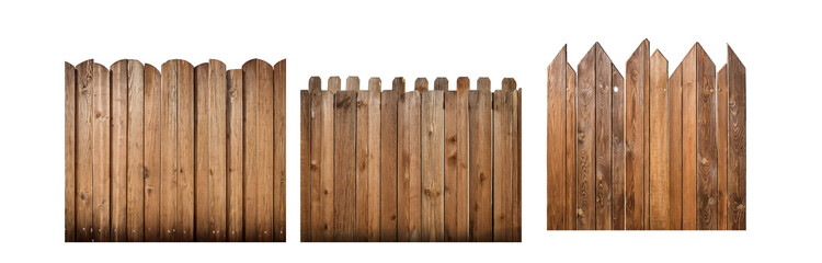 Three sections of a brown wooden fence with vertical panels.