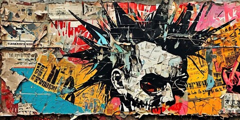 Obraz premium A skull with a spiky hairstyle is painted on a wall