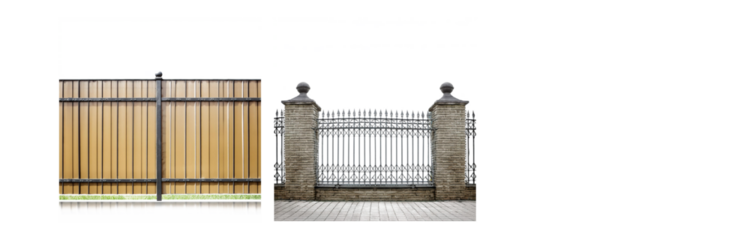 A wooden fence with black metal accents and a black metal gate with stone pillars.