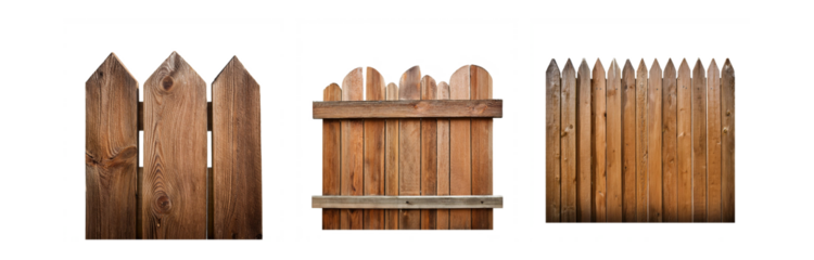 Three wooden fence panels with different designs.