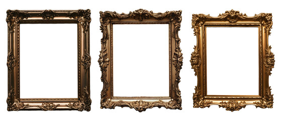 Set of Three Golden Frame Mockup is Isolated on the Transparent Background, cutout