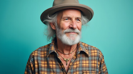 Beautiful Elderly Man in Hippie Style on Turquoise Background