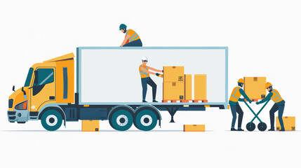Efficient workers loading boxes into delivery truck, showcasing teamwork and logistics in action. scene highlights importance of organization and collaboration in transportation