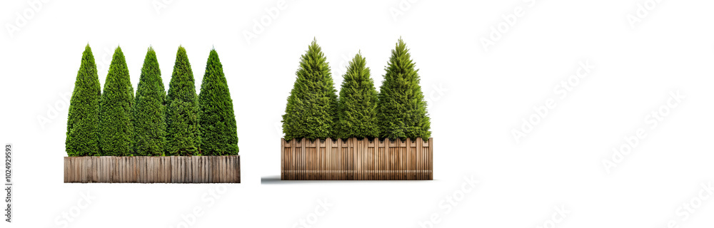 Poster Five coniferous evergreen trees in a row, planted in a wooden fence. The trees are in front of a white background.