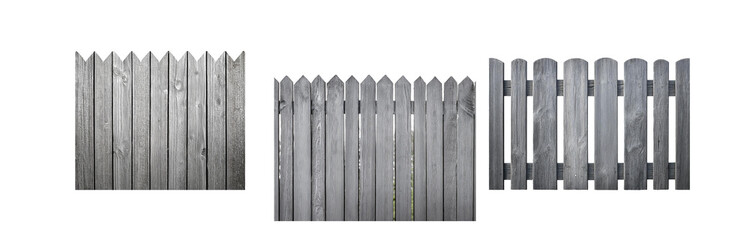 Fototapeta premium A close-up of a gray wooden fence with a variety of slat designs.