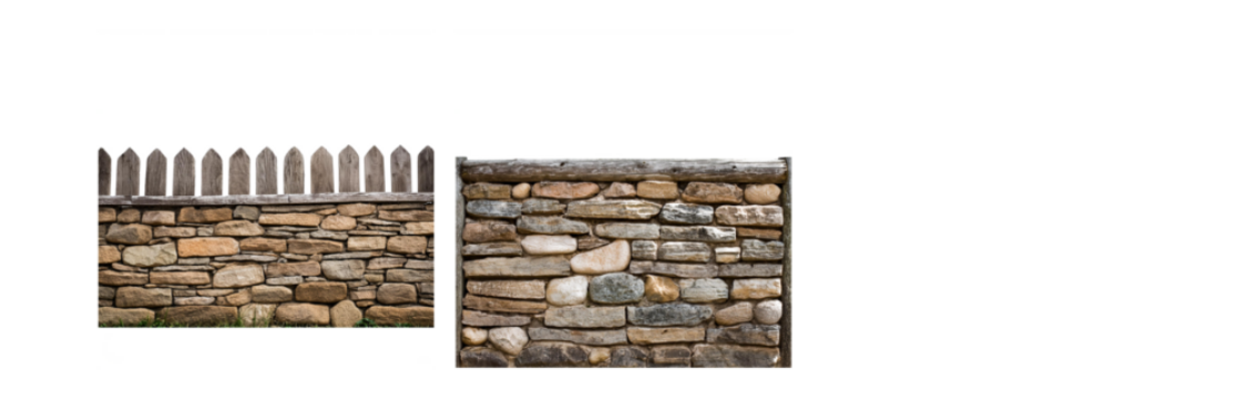 A weathered stone wall with a wooden fence on top.