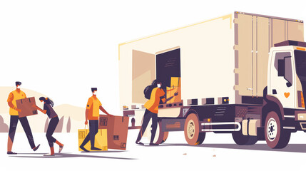 Efficient delivery team unloading boxes from truck, showcasing teamwork and organization in logistics. scene emphasizes collaboration and hard work in modern setting