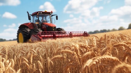 Obraz premium A red tractor harvests wheat in a golden field under a blue sky with white clouds.