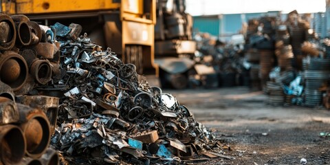 Pile of scrap metal in a junkyard, with a yellow truck in the background.