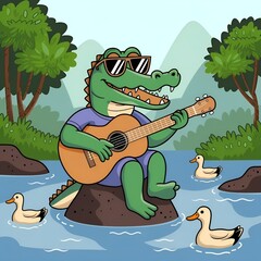 cartoon illustration of an alligator wearing sunglasses and playing a guitar,generative ai