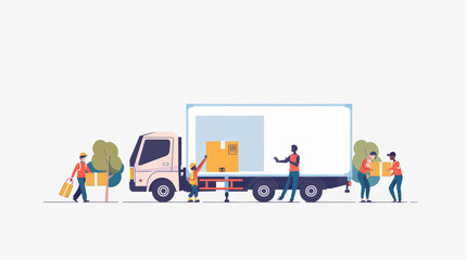 Delivery truck with workers unloading boxes, showcasing teamwork and logistics. scene captures essence of transportation and efficient delivery services