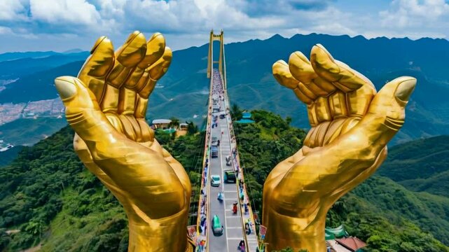 Danang, Vietnam - June 14, 2024: The Golden Bridge is lifted by two giant hands in the tourist resort on Ba Na Hill in Danang, Vietnam.